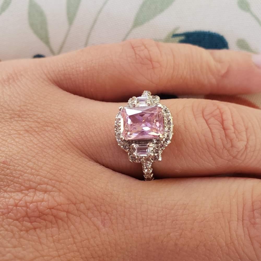 FAIRY TALE 925 BRILLIANT EMERALD-CUT 1.83CT PINK & WHITE TOPAZ QUARTZ RING - Picture 9 of 11